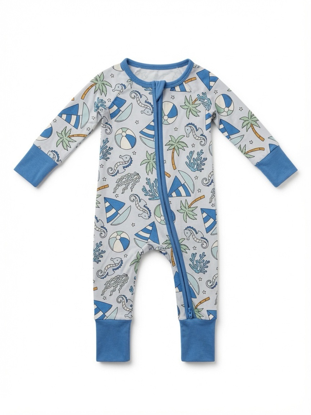 Caden Lane Blue Nautical Seahorse Convertible Zip Footie Romper